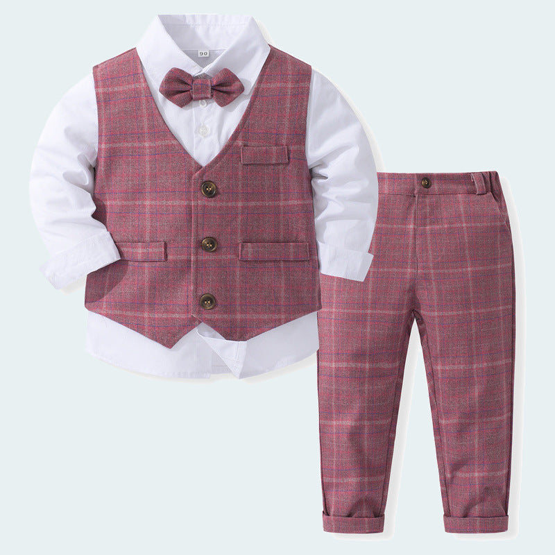 3 Pieces Set Baby Kid Boys Dressy Solid Color Bow Shirts Checked Vests Waistcoats And Pants Wholesale 230303292
