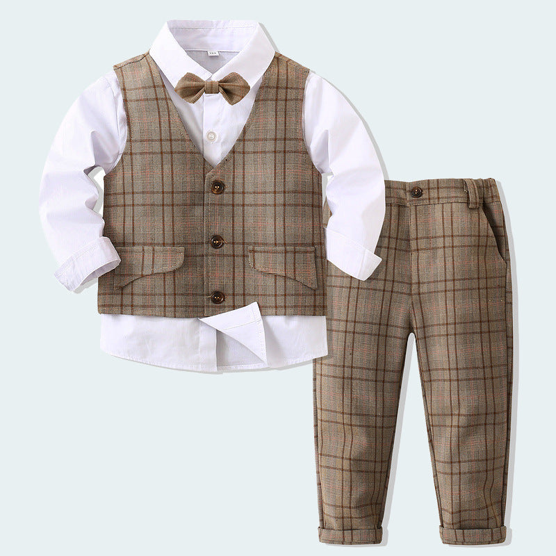3 Pieces Set Baby Kid Boys Solid Color Bow Shirts And Checked Vests Waistcoats And Pants Wholesale 230303302