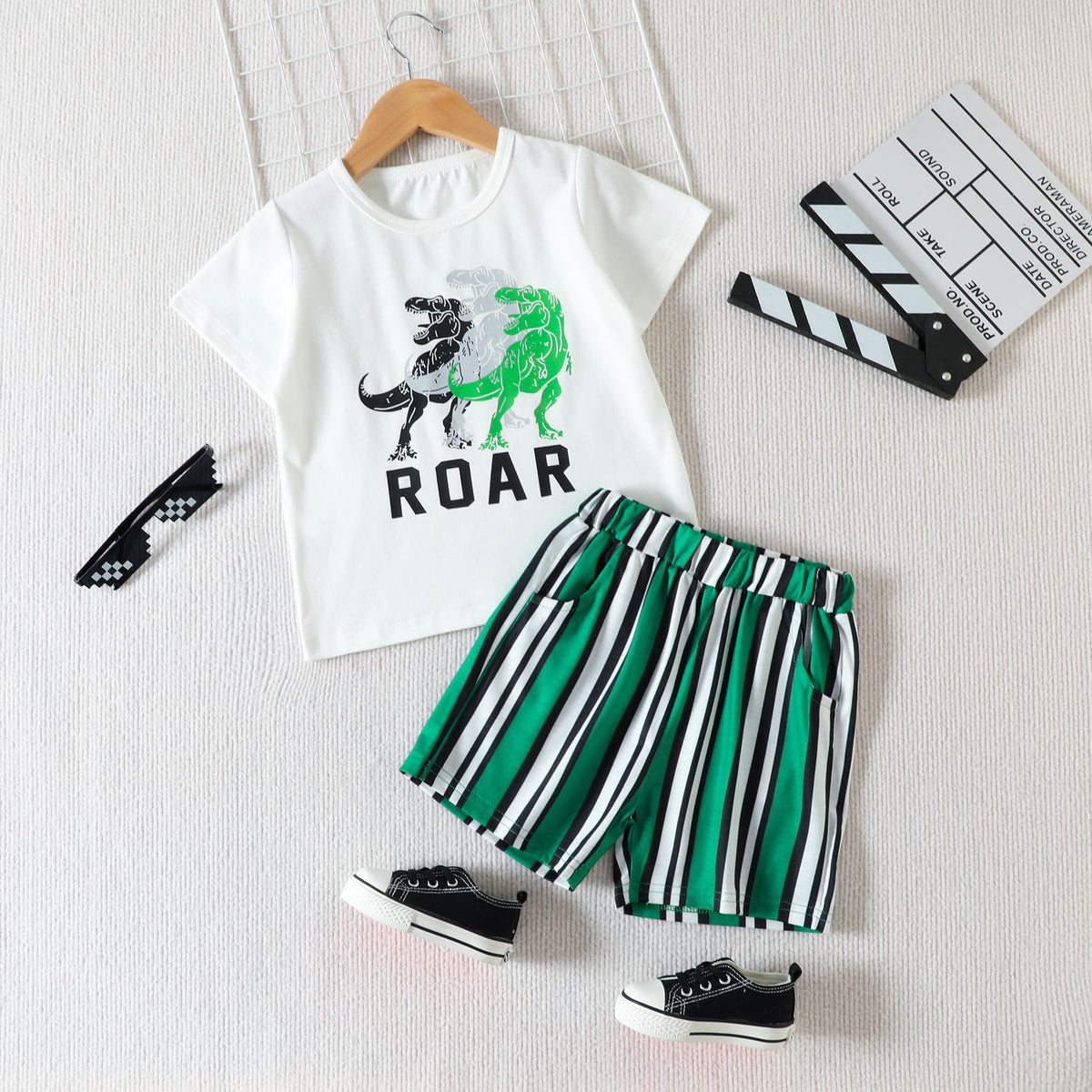 2 Pieces Set Baby Kid Boys Letters Dinosaur T-Shirts And Striped Shorts Wholesale 230303330