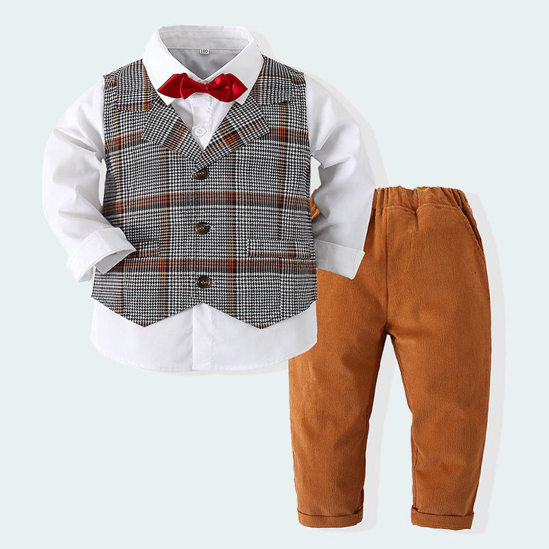 3 Pieces Set Baby Kid Boys Birthday Party Bow Shirts Checked Vests Waistcoats And Solid Color Pants Wholesale 23030337