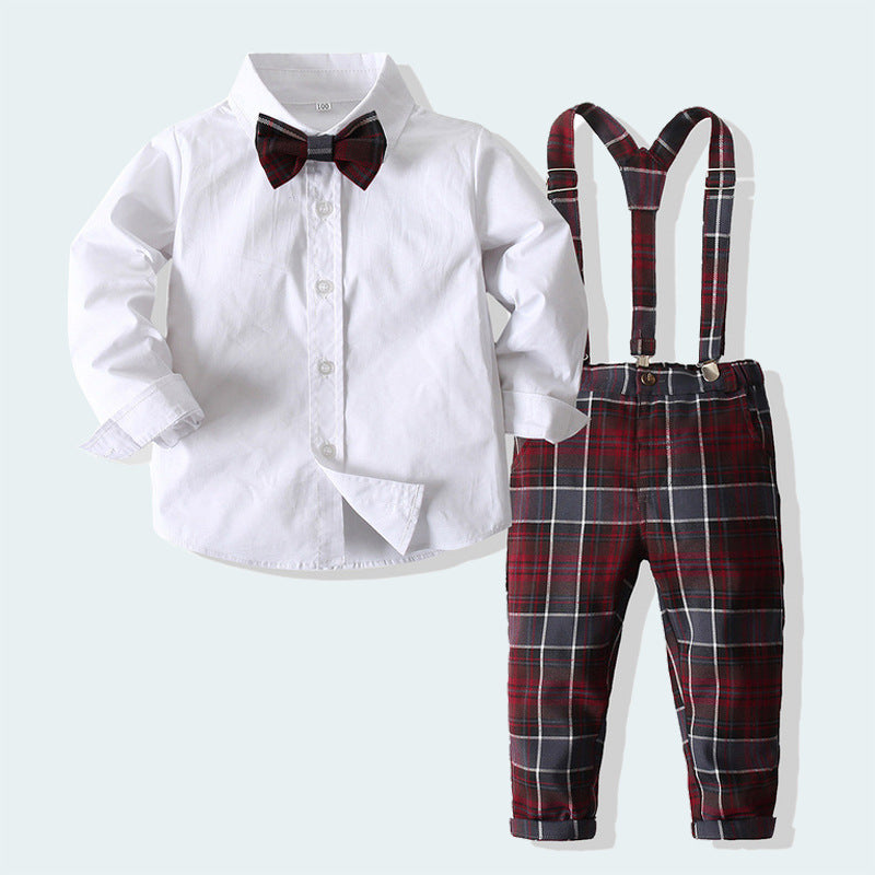 2 Pieces Set Baby Kid Boys Birthday Party Bow Shirts And Checked Jumpsuits Wholesale 23030339