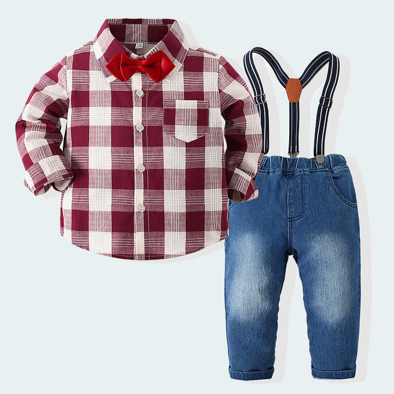 2 Pieces Set Baby Kid Boys Birthday Party Checked Bow Shirts And Striped Jumpsuits Wholesale 23030342