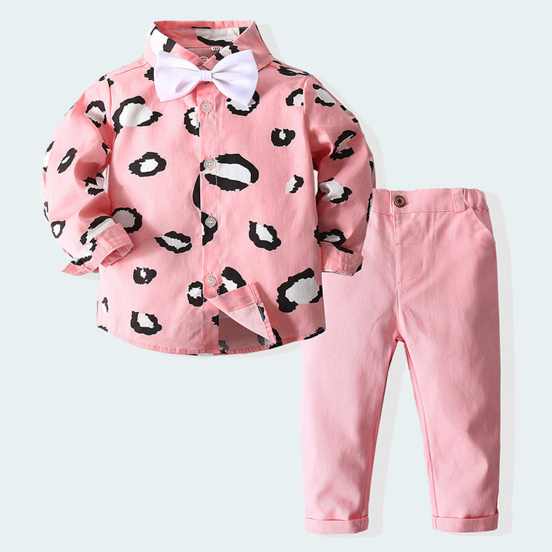 2 Pieces Set Baby Kid Boys Birthday Party Leopard Bow Shirts And Solid Color Pants Wholesale 23030344