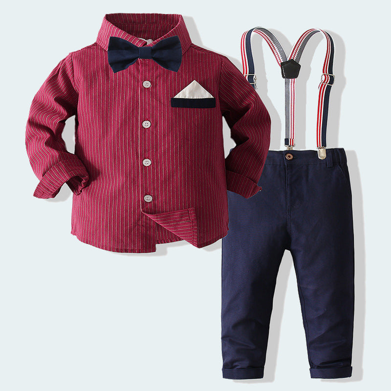 2 Pieces Set Baby Kid Boys Birthday Party Bow Shirts And Striped Jumpsuits Wholesale 23030347