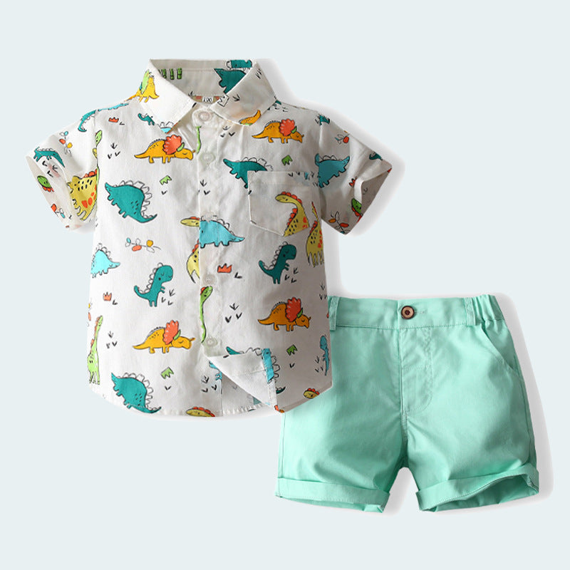 2 Pieces Set Baby Kid Boys Dinosaur Print Shirts And Solid Color Shorts Wholesale 23030348