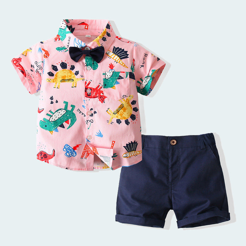 2 Pieces Set Baby Kid Boys Dinosaur Bow Print Shirts And Solid Color Shorts Wholesale 23030351