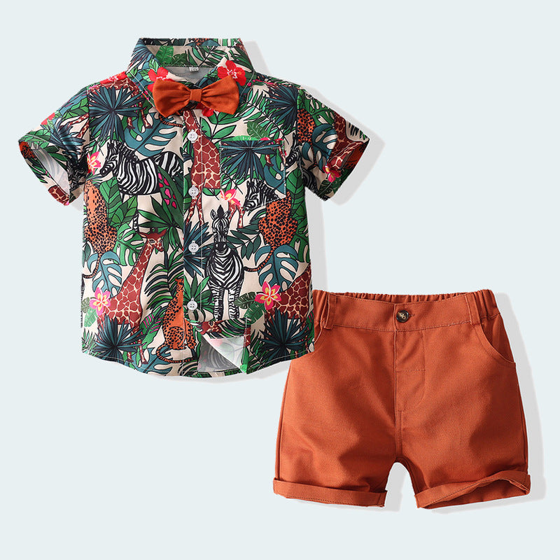 2 Pieces Set Baby Kid Boys Bow Print Shirts And Solid Color Shorts Wholesale 23030357