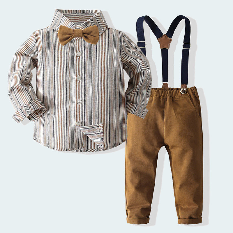 2 Pieces Set Baby Kid Boys Birthday Party Striped Bow Shirts And Solid Color Jumpsuits Wholesale 23030358