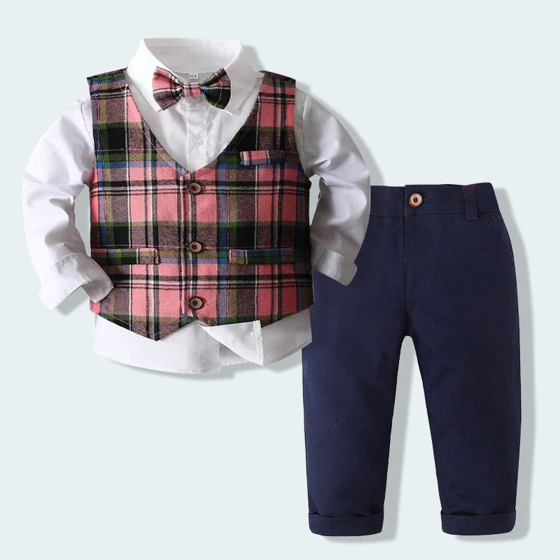 3 Pieces Set Baby Kid Boys Solid Color Bow Shirts Checked Vests Waistcoats And Pants Wholesale 23030368