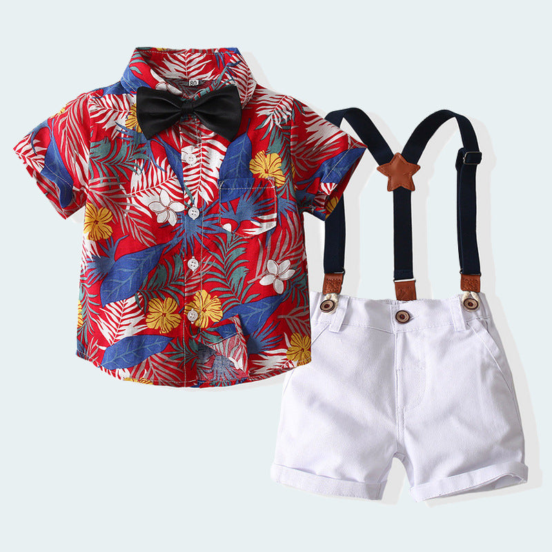 2 Pieces Set Baby Kid Boys Birthday Plant Bow Print Shirts And Solid Color Rompers Wholesale 23030384