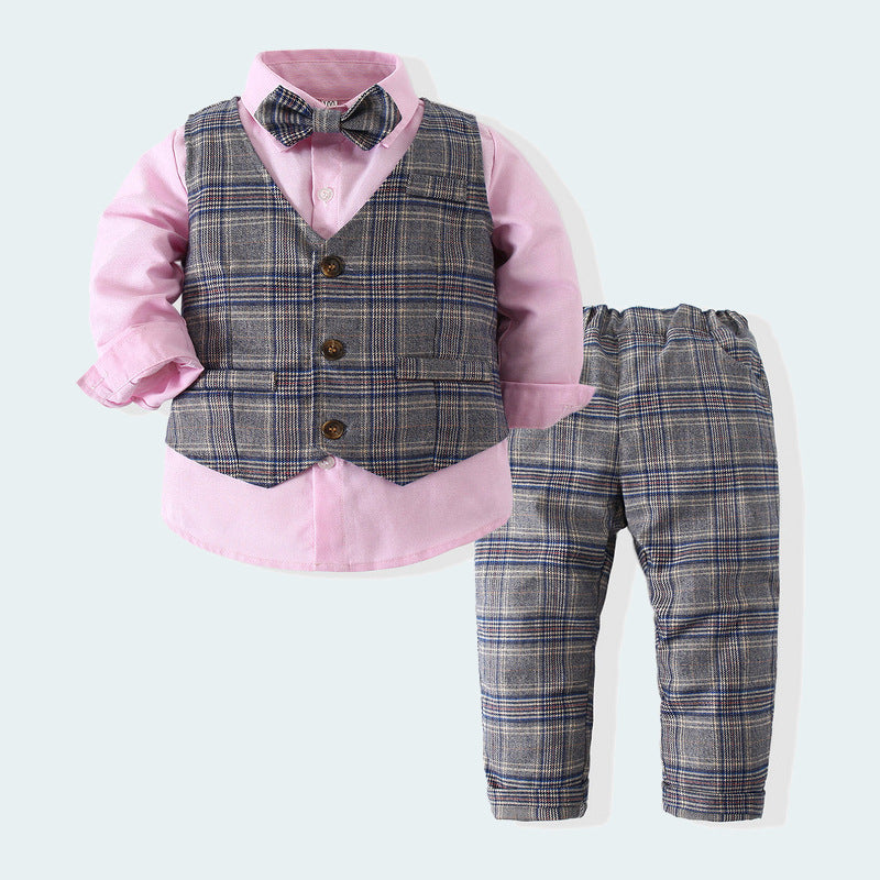 3 Pieces Set Baby Kid Boys Birthday Party Solid Color Bow Shirts And Checked Vests Waistcoats And Pants Wholesale 23030395