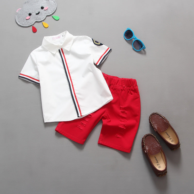 2 Pieces Set Baby Kid Boys Color-blocking Flower Print Shirts And Ripped Shorts Wholesale 23030801