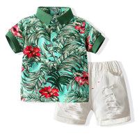 Load image into Gallery viewer, 2 Pieces Set Baby Kid Boys Color-blocking Flower Print Shirts And Ripped Shorts Wholesale 23030801
