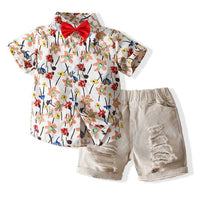 Load image into Gallery viewer, 2 Pieces Set Baby Kid Boys Color-blocking Flower Print Shirts And Ripped Shorts Wholesale 23030801
