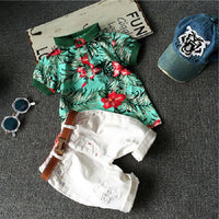 Load image into Gallery viewer, 2 Pieces Set Baby Kid Boys Color-blocking Flower Print Shirts And Ripped Shorts Wholesale 23030801
