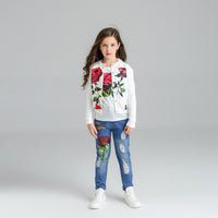 Load image into Gallery viewer, 3 Pieces Set Baby Kid Girls Flower Print T-Shirts Jackets Outwears And Ripped Pants Wholesale 23030802
