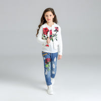 Load image into Gallery viewer, 3 Pieces Set Baby Kid Girls Flower Print T-Shirts Jackets Outwears And Ripped Pants Wholesale 23030802
