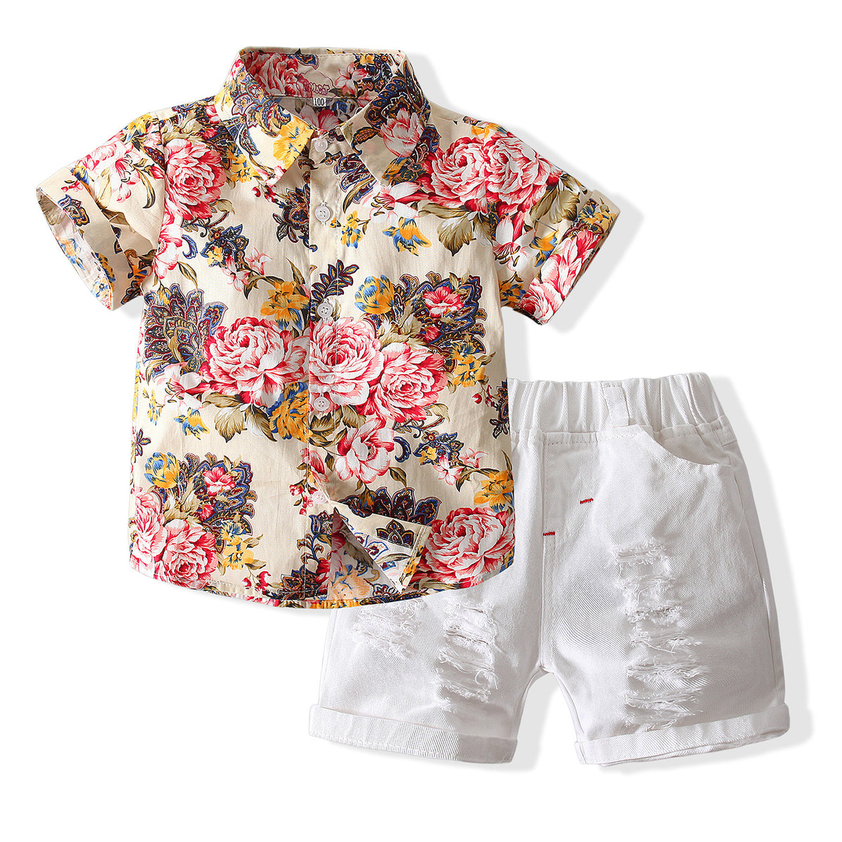 2 Pieces Set Baby Kid Boys Flower Print Shirts And Solid Color Shorts Wholesale 23030803