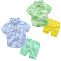 Load image into Gallery viewer, 2 Pieces Set Baby Kid Boys Checked Shirts And Solid Color Shorts Wholesale 23030805
