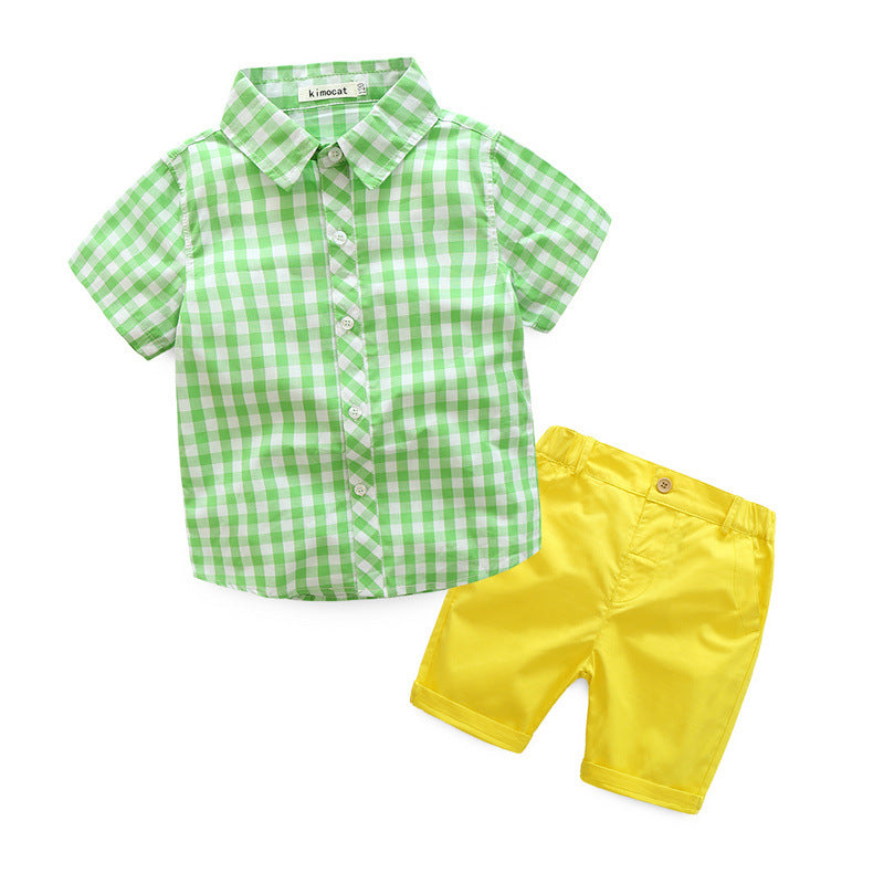 2 Pieces Set Baby Kid Boys Checked Shirts And Solid Color Shorts Wholesale 23030805