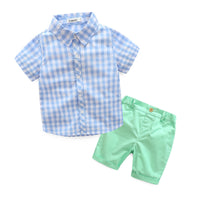 Load image into Gallery viewer, 2 Pieces Set Baby Kid Boys Checked Shirts And Solid Color Shorts Wholesale 23030805
