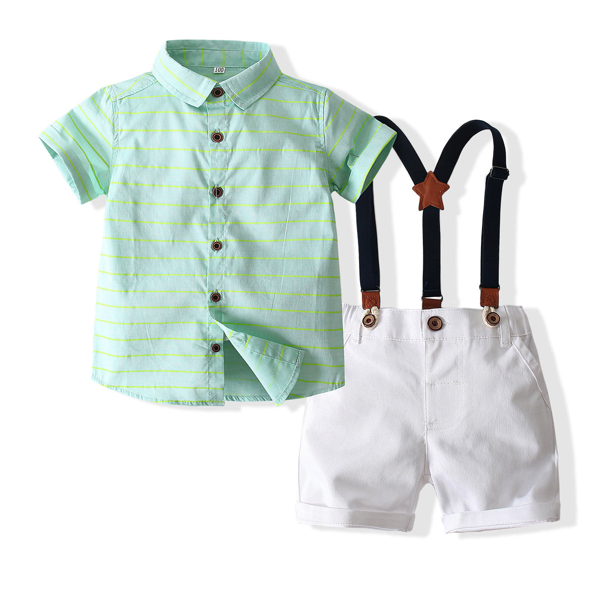 2 Pieces Set Kid Boys Striped Shirts And Solid Color Rompers Wholesale 23030809