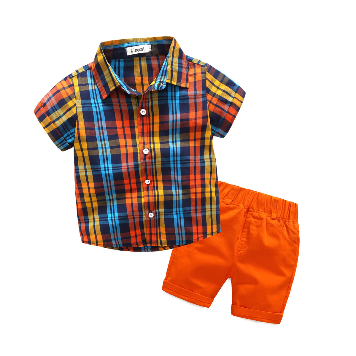 2 Pieces Set Kid Boys Checked Shirts And Solid Color Shorts Wholesale 23030812