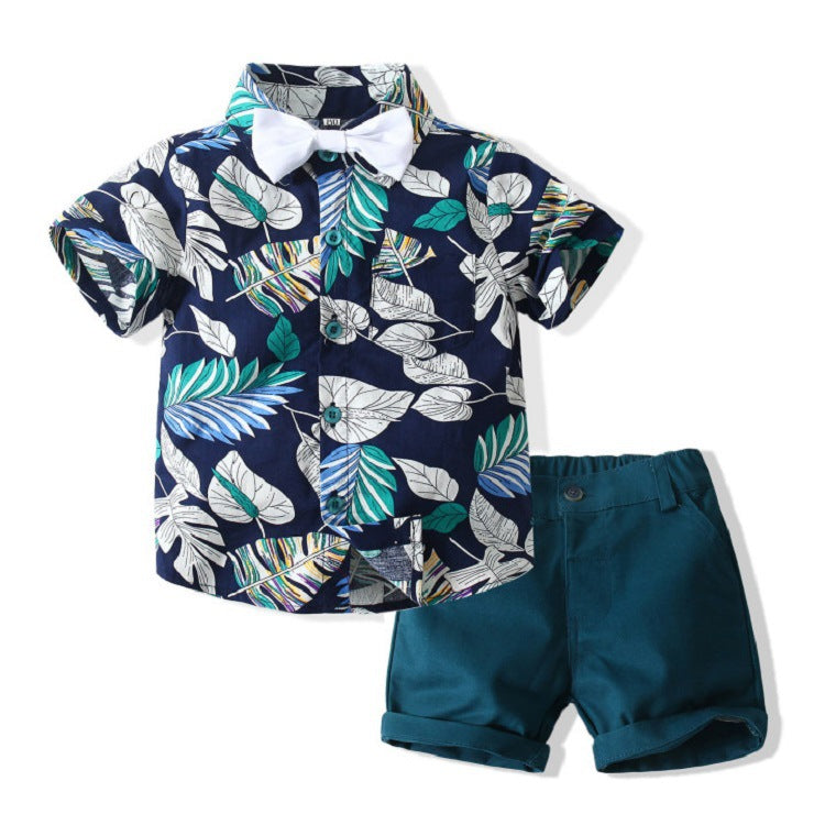 2 Pieces Set Baby Kid Boys Plant Bow Print Shirts And Solid Color Shorts Wholesale 230308160