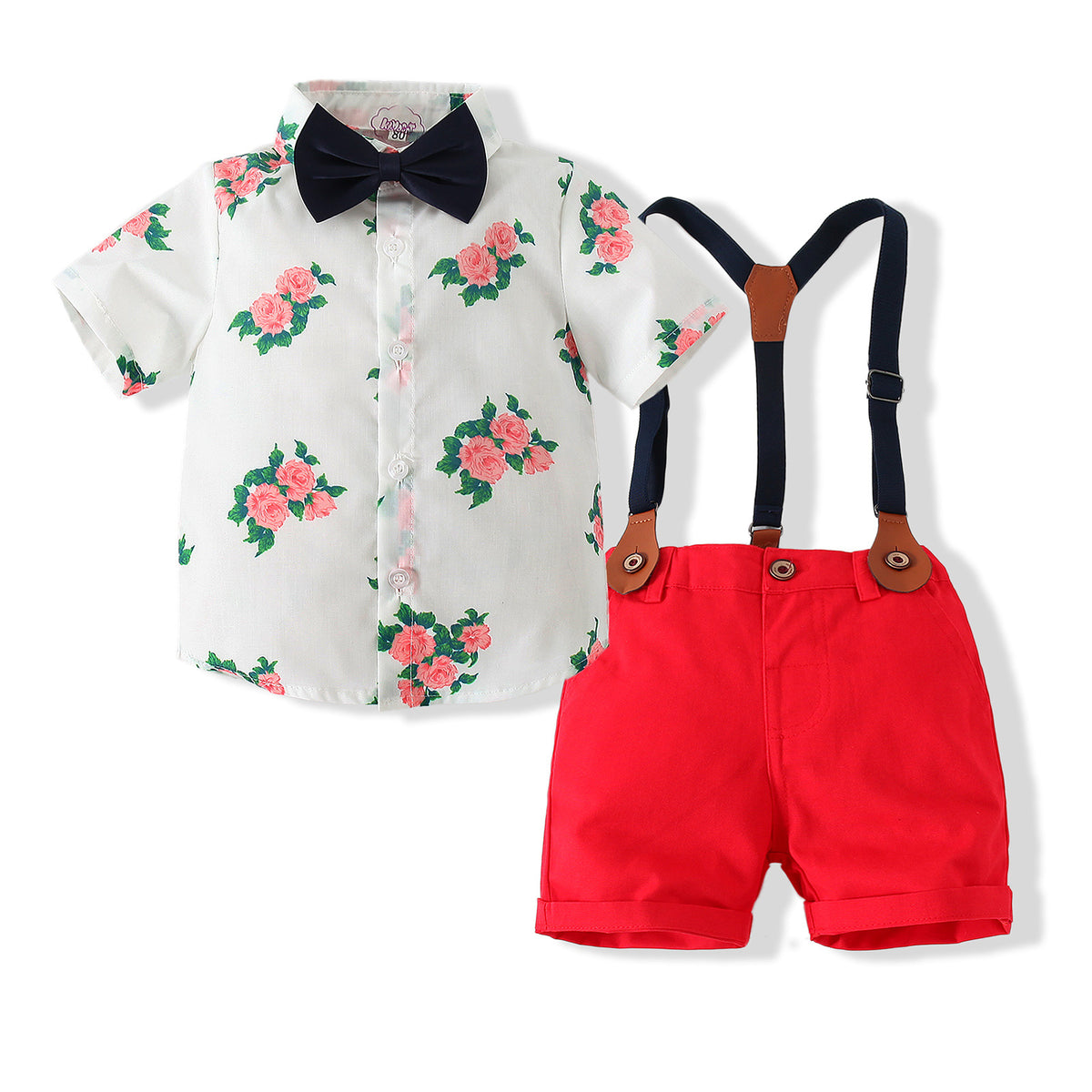 2 Pieces Set Baby Kid Boys Flower Bow Print Shirts And Solid Color Rompers Wholesale 230308162