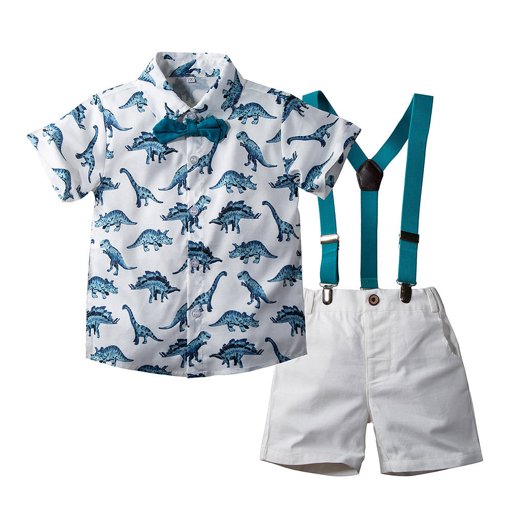 2 Pieces Set Baby Kid Boys Dressy Dinosaur Print Shirts And Solid Color Rompers Wholesale 230308165