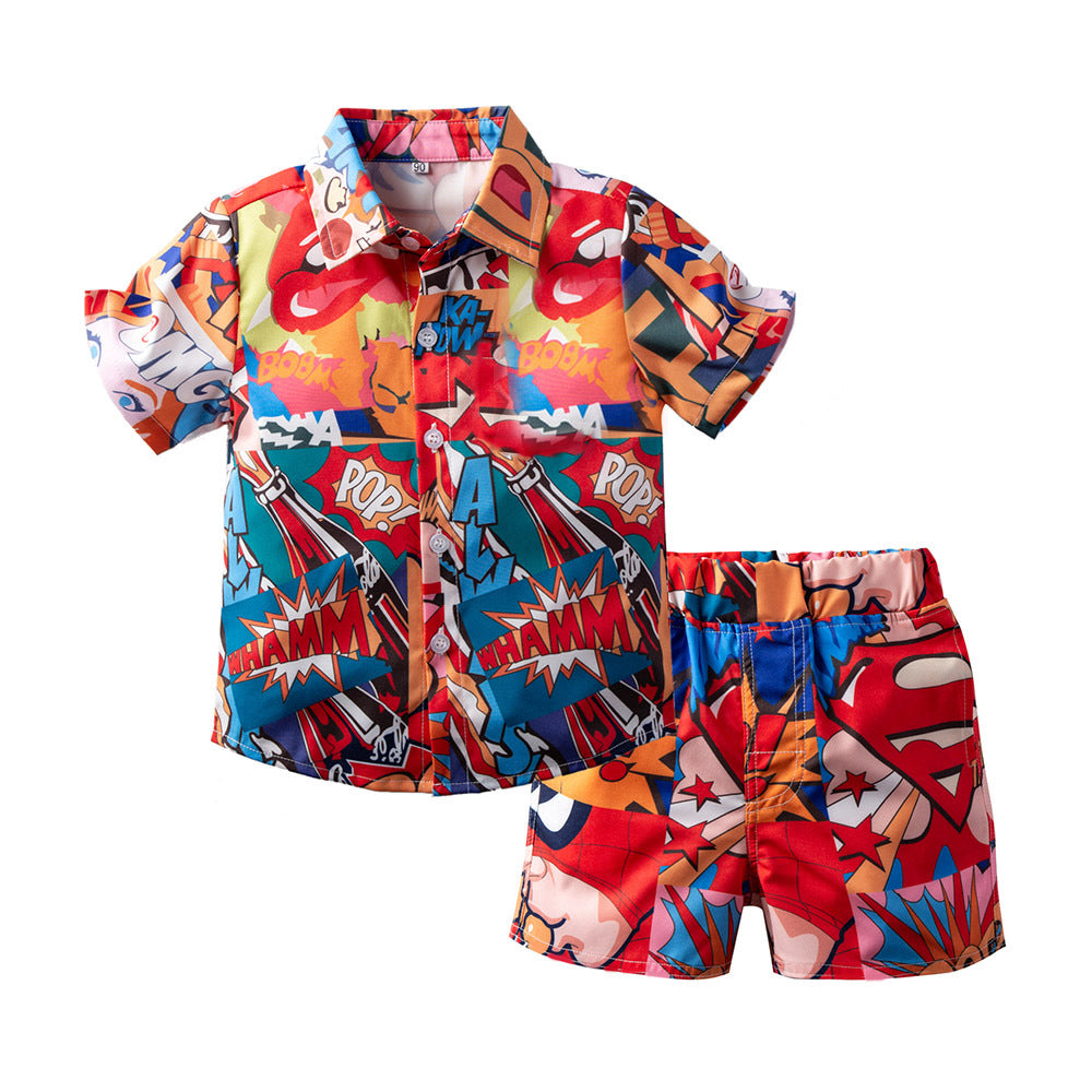 2 Pieces Set Kid Boys Letters Cartoon Print Shirts And Shorts Wholesale 230308166