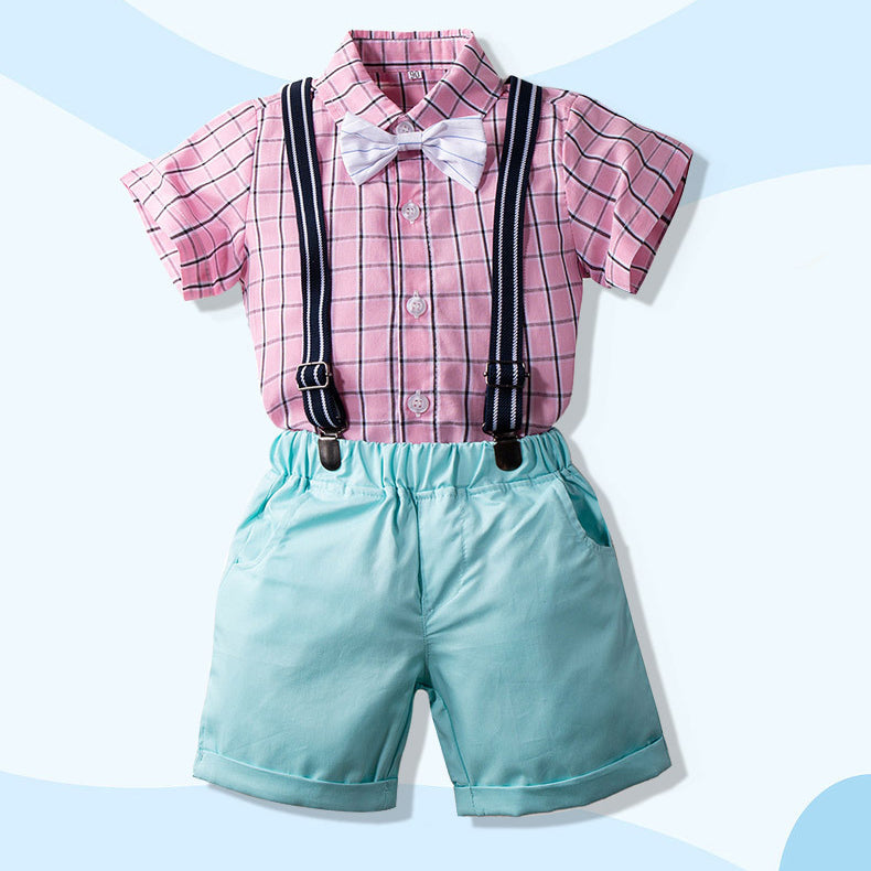 2 Pieces Set Baby Kid Boys Birthday Checked Bow Shirts And Solid Color Rompers Wholesale 230308180