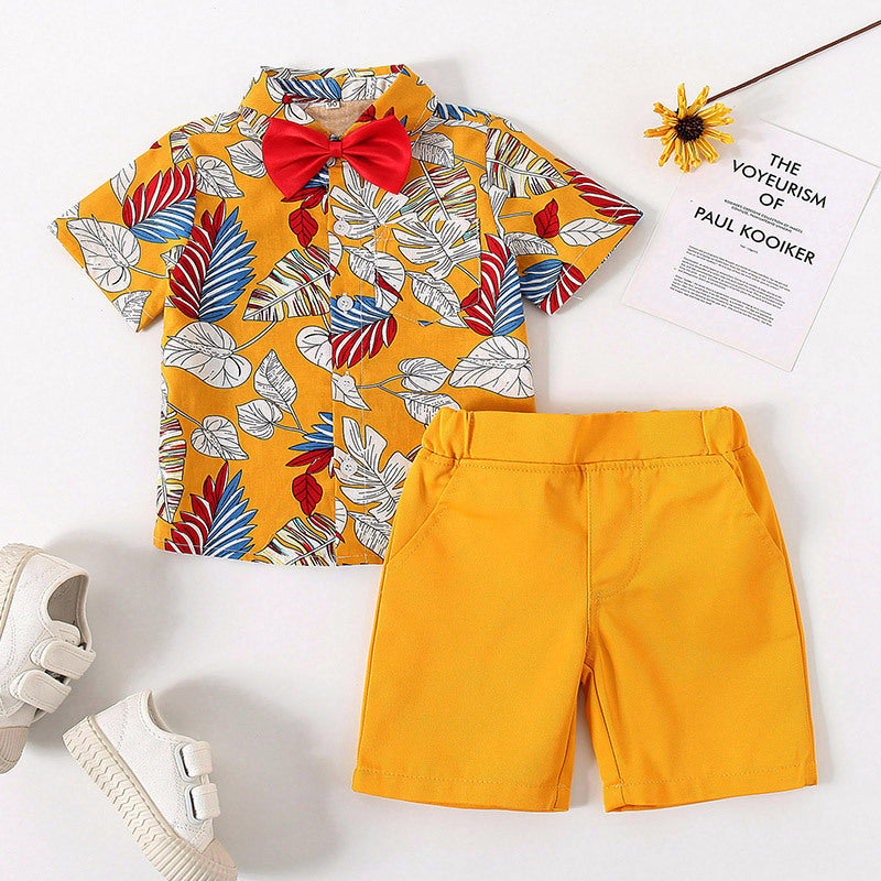 2 Pieces Set Baby Kid Boys Bow Print Shirts And Solid Color Rompers Wholesale 230308186