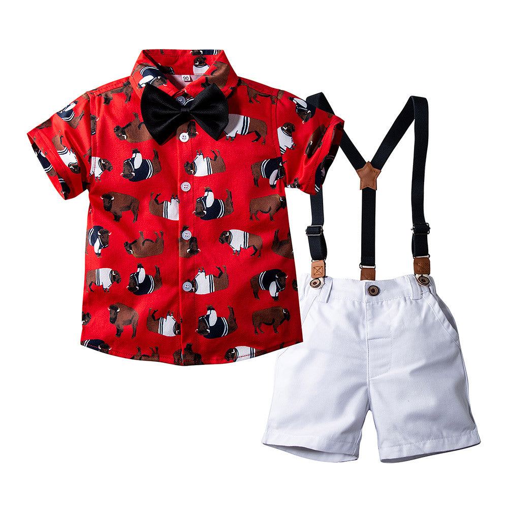 2 Pieces Set Baby Kid Boys Birthday Party Cartoon Bow Print Shirts And Color-blocking Rompers Wholesale 230308213