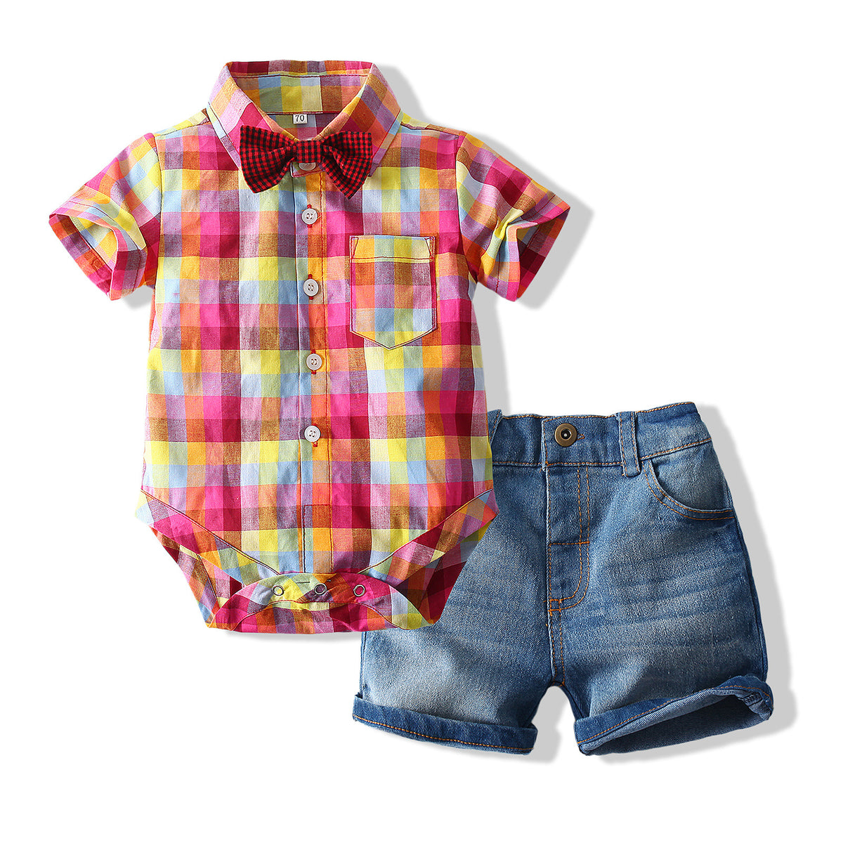 2 Pieces Set Baby Boys Checked Rompers And Solid Color Shorts Wholesale 230308277