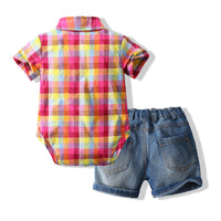 Load image into Gallery viewer, 2 Pieces Set Baby Boys Checked Rompers And Solid Color Shorts Wholesale 230308277
