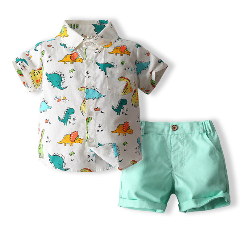 2 Pieces Set Baby Kid Boys Dinosaur Print Shirts And Solid Color Shorts Wholesale 230308281