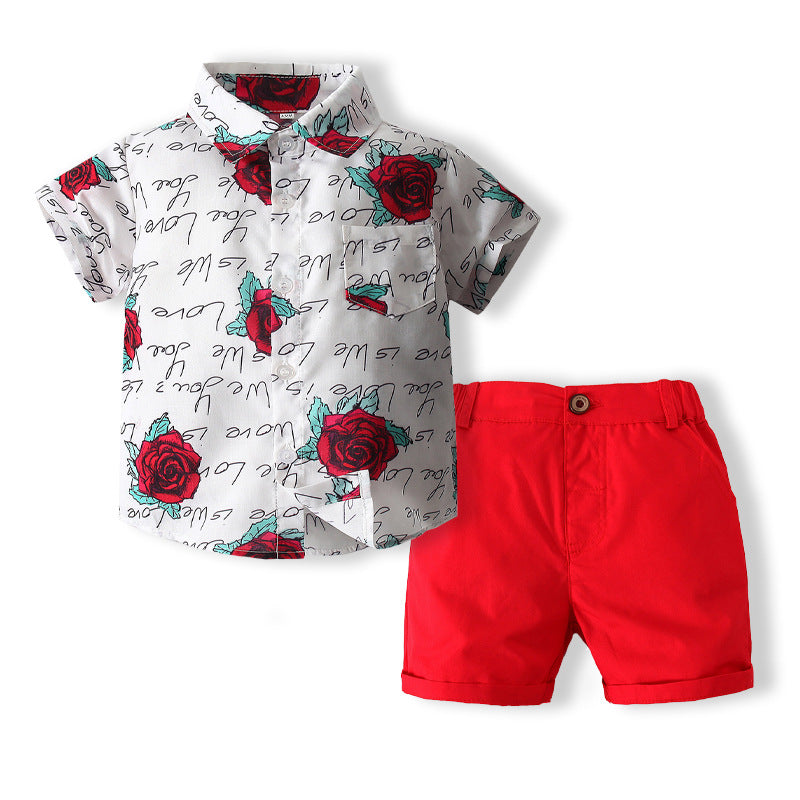 2 Pieces Set Baby Kid Boys Flower Print Shirts And Solid Color Shorts Wholesale 230308297