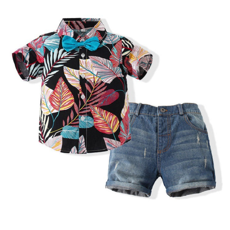 2 Pieces Set Baby Kid Boys Plant Print Shirts And Ripped Shorts Wholesale 230308306
