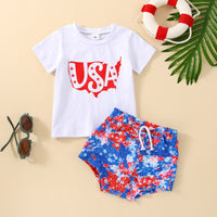Load image into Gallery viewer, 2 Pieces Set Baby Girls Independence Day Letters Star T-Shirts And Tie Dye Shorts Wholesale 230308333
