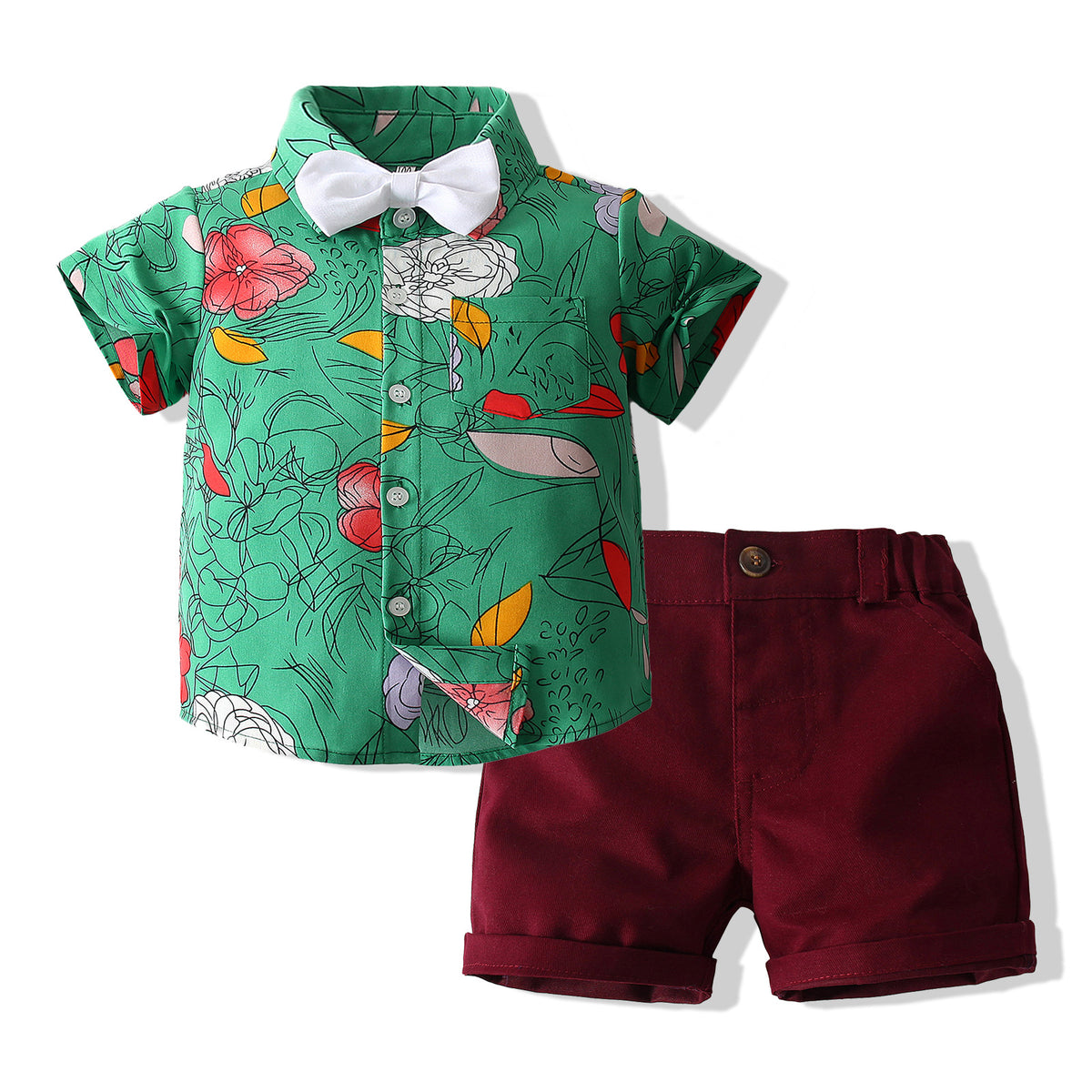 2 Pieces Set Baby Kid Boys Birthday Party Flower Bow Print Shirts And Solid Color Shorts Wholesale 230308336