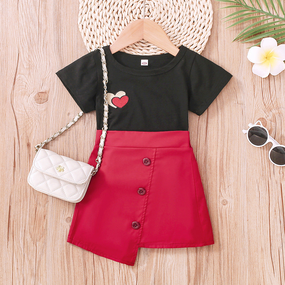 2 Pieces Set Baby Kid Girls Love heart Embroidered T-Shirts And Solid Color Skirts Wholesale 230308394