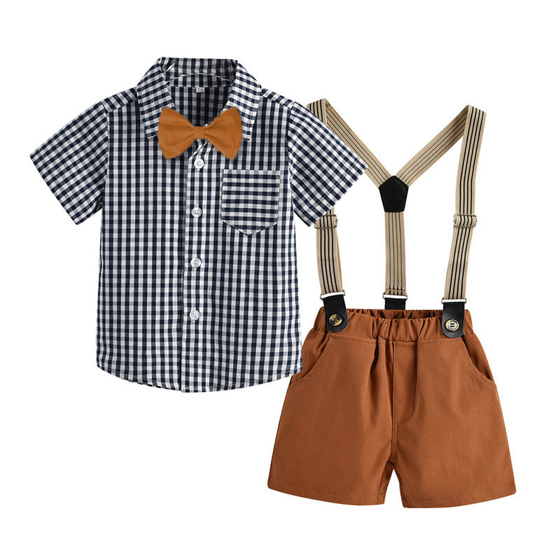 2 Pieces Set Baby Kid Boys Checked Bow Shirts And Solid Color Suits Rompers Wholesale 230308397