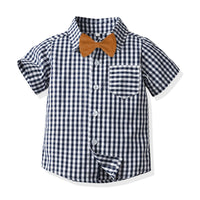Load image into Gallery viewer, 2 Pieces Set Baby Kid Boys Checked Bow Shirts And Solid Color Suits Rompers Wholesale 230308397

