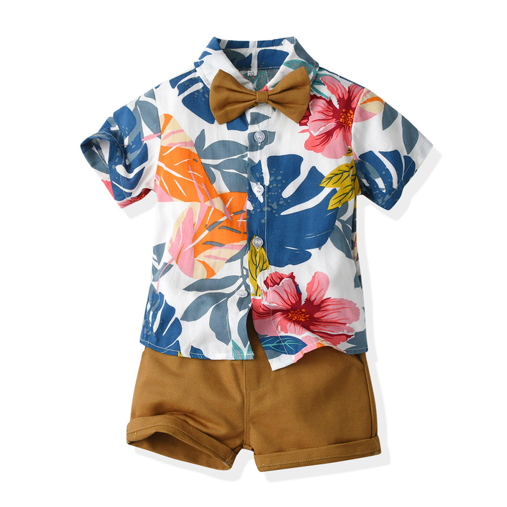 2 Pieces Set Baby Kid Boys Flower Bow Print Shirts And Solid Color Shorts Wholesale 230308409