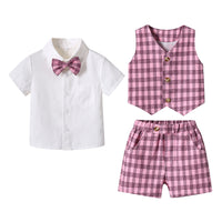 Load image into Gallery viewer, 3 Pieces Set Baby Kid Boys Birthday Solid Color Bow Shirts And Checked Vests Waistcoats And Shorts Wholesale 230308410
