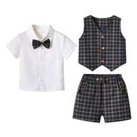 Load image into Gallery viewer, 3 Pieces Set Baby Kid Boys Birthday Solid Color Bow Shirts And Checked Vests Waistcoats And Shorts Wholesale 230308410
