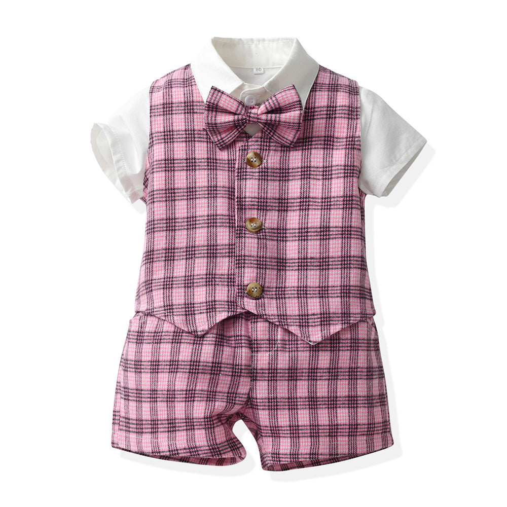 3 Pieces Set Baby Kid Boys Birthday Solid Color Bow Shirts And Checked Vests Waistcoats And Shorts Wholesale 230308410