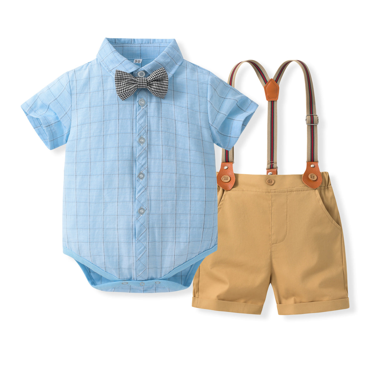 2 Pieces Set Baby Boys Checked Bow Rompers And Solid Color Shorts Wholesale 230308412