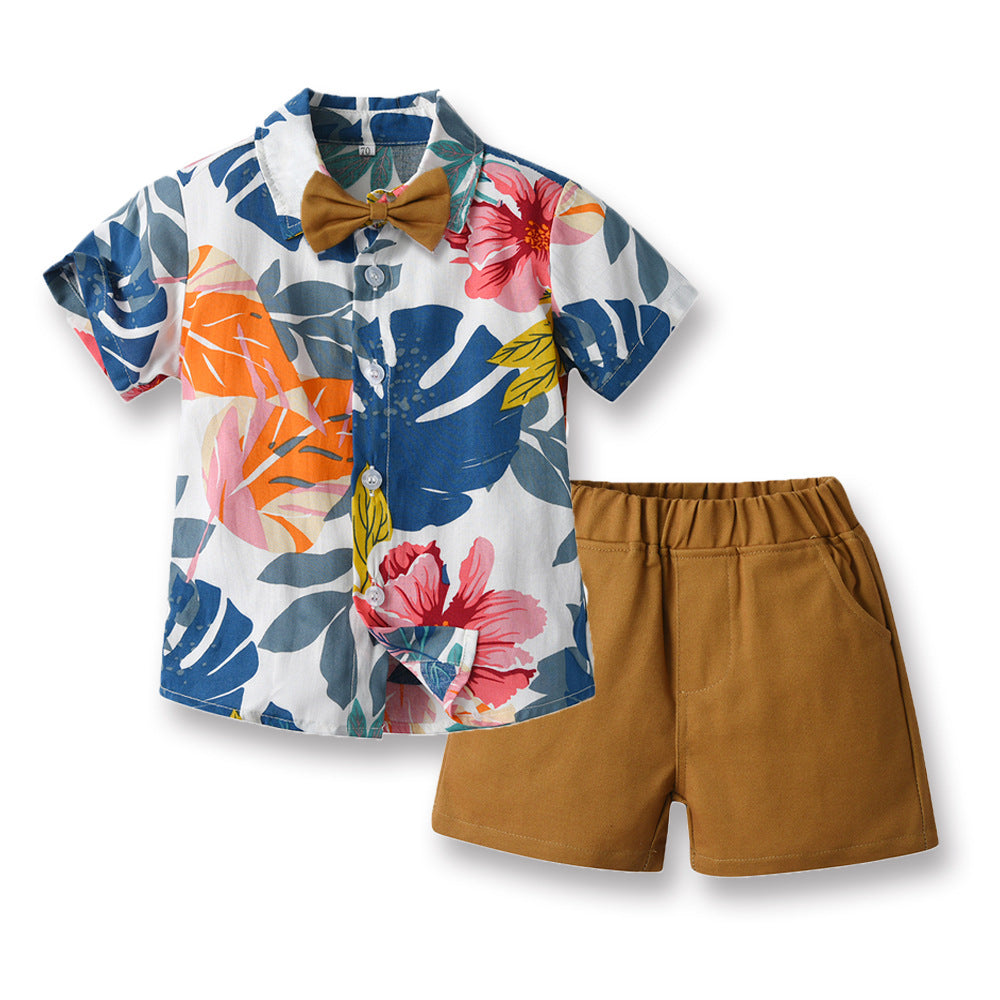 2 Pieces Set Baby Kid Boys Flower Bow Print Shirts And Solid Color Shorts Wholesale 230308417